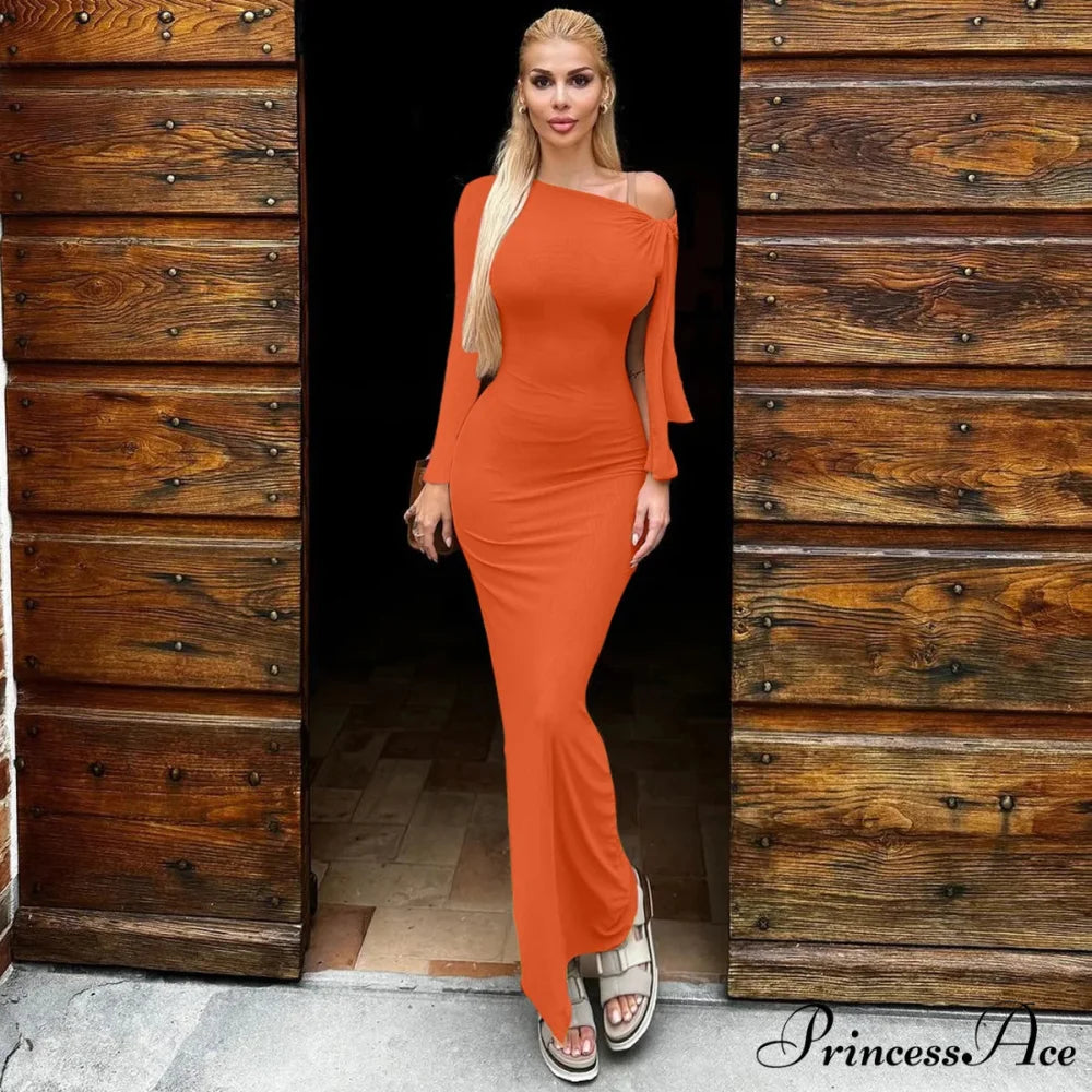 Long Sleeve One Shoulder Graceful Tie Up Bodycon Maxi Dress