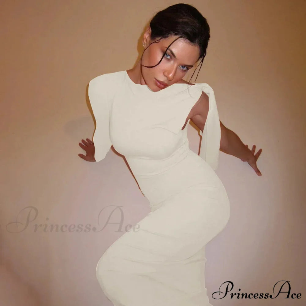 Long Sleeve One Shoulder Graceful Tie Up Bodycon Maxi Dress