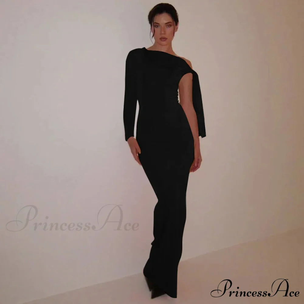 Long Sleeve One Shoulder Graceful Tie Up Bodycon Maxi Dress