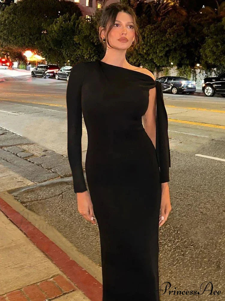 Long Sleeve One Shoulder Graceful Tie Up Bodycon Maxi Dress black / M