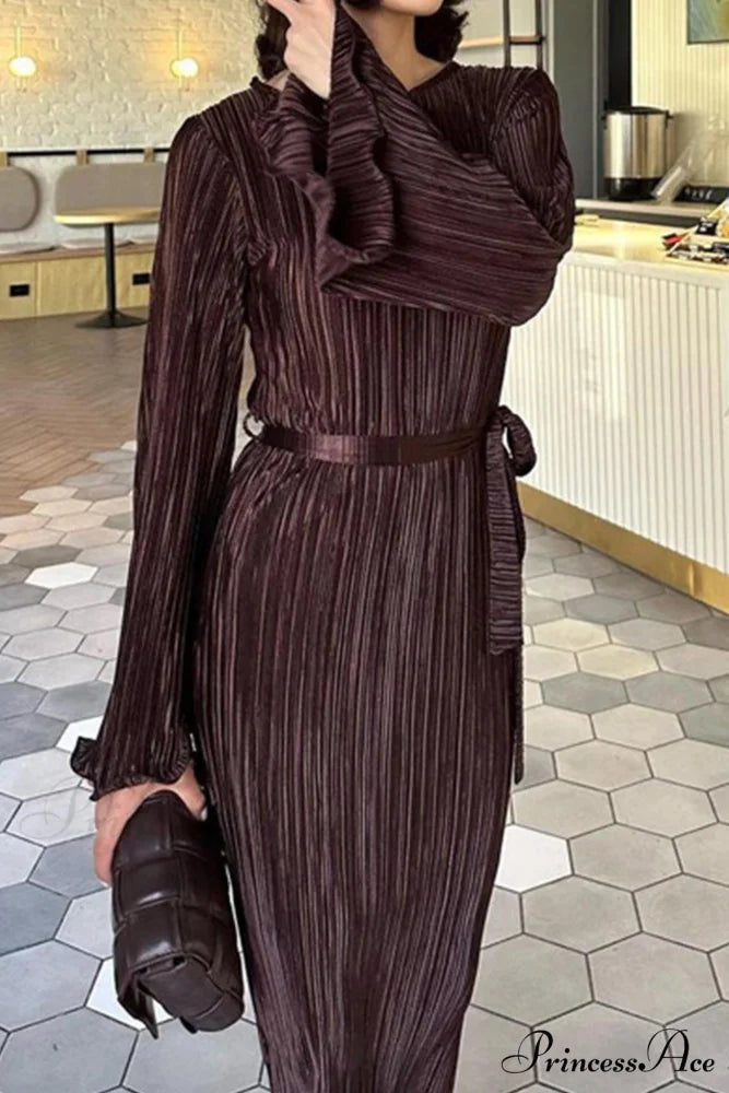 Long Sleeve Pleated Flares Dress with Tie-waist