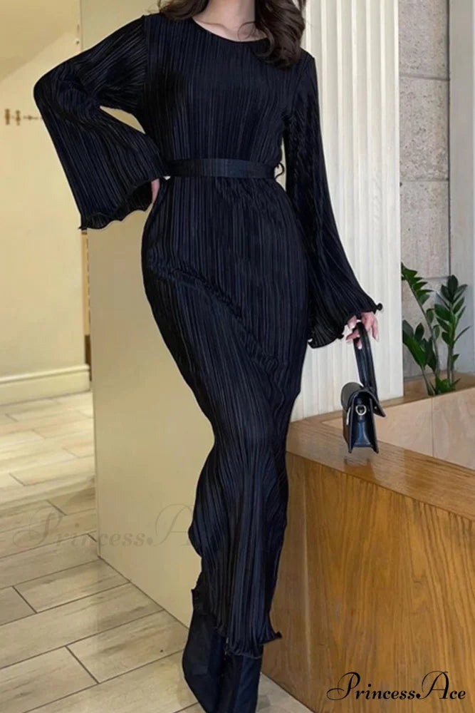 Long Sleeve Pleated Flares Dress with Tie-waist Black / M