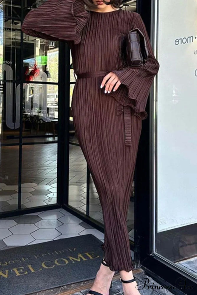 Long Sleeve Pleated Flares Dress with Tie-waist Brown / L