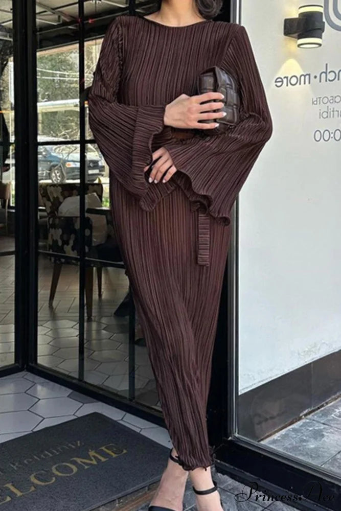 Long Sleeve Pleated Flares Dress with Tie-waist Brown / M
