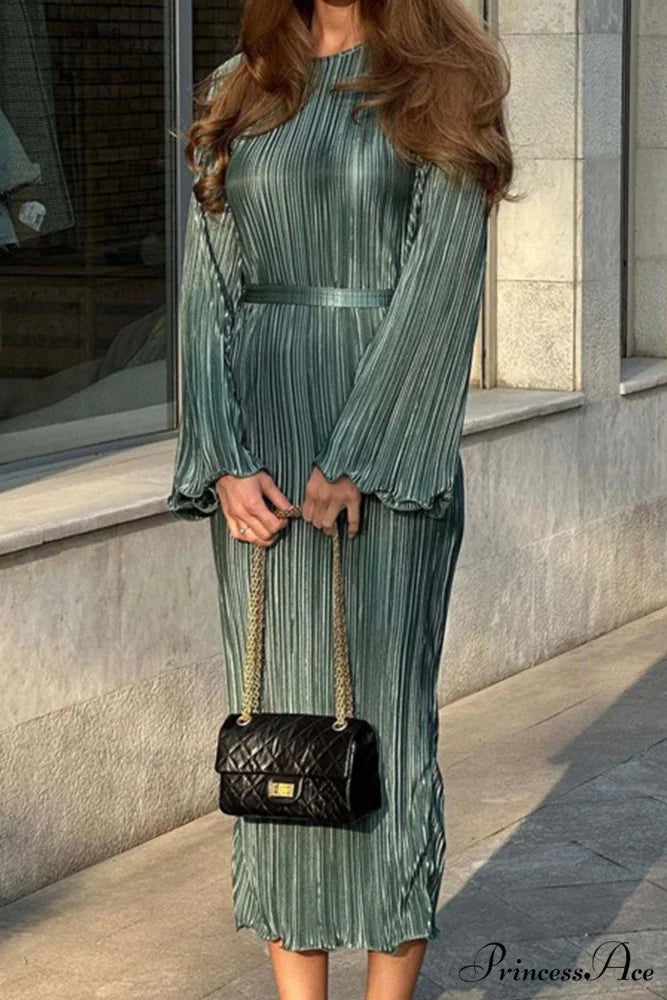 Long Sleeve Pleated Flares Dress with Tie-waist Green / S