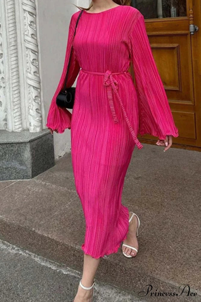 Long Sleeve Pleated Flares Dress with Tie-waist Pink / L