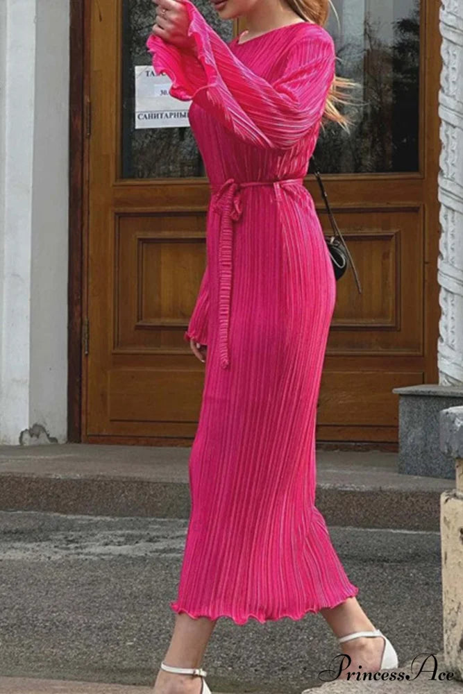 Long Sleeve Pleated Flares Dress with Tie-waist Pink / M
