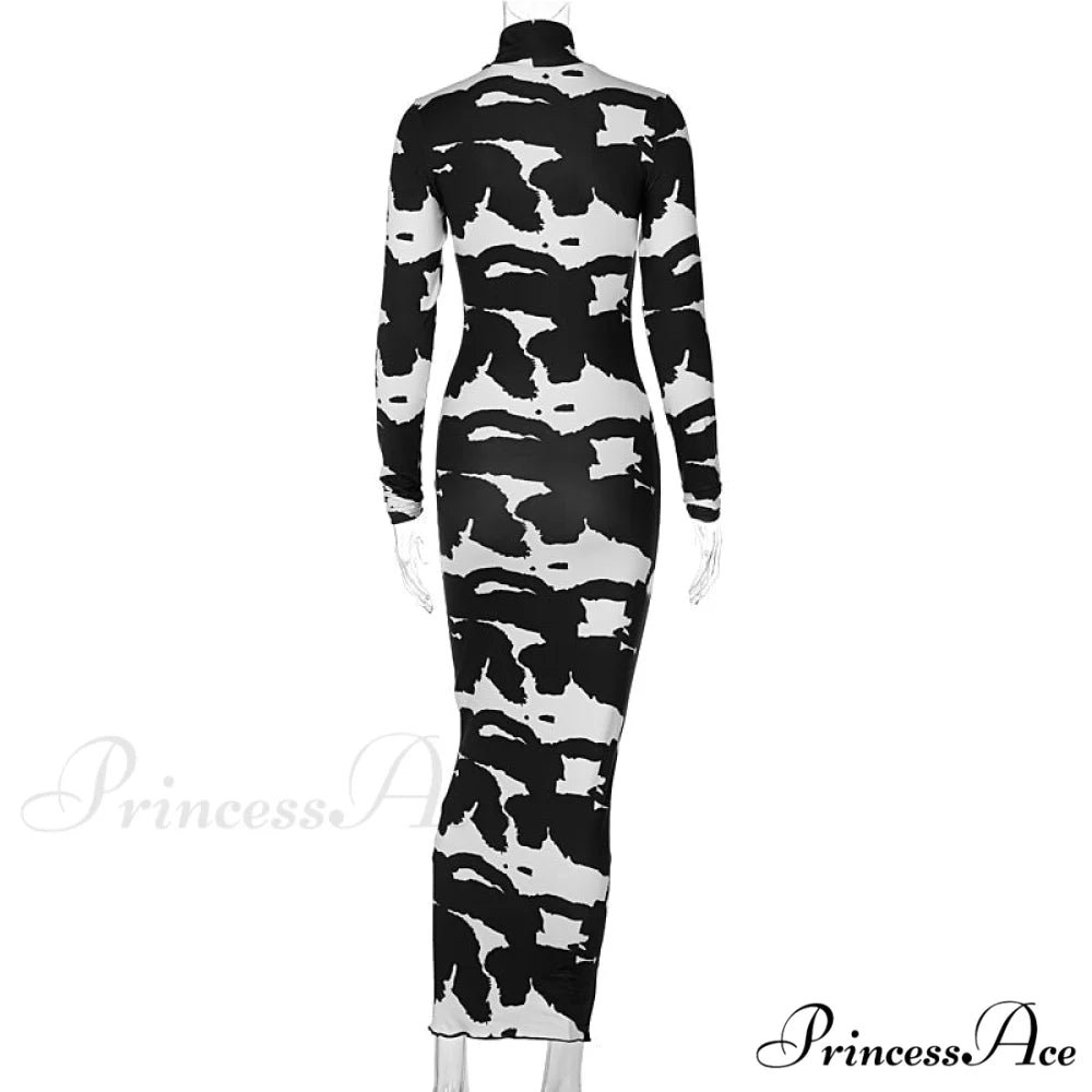Long Sleeve Printed Bodycon Pencil Long Dress