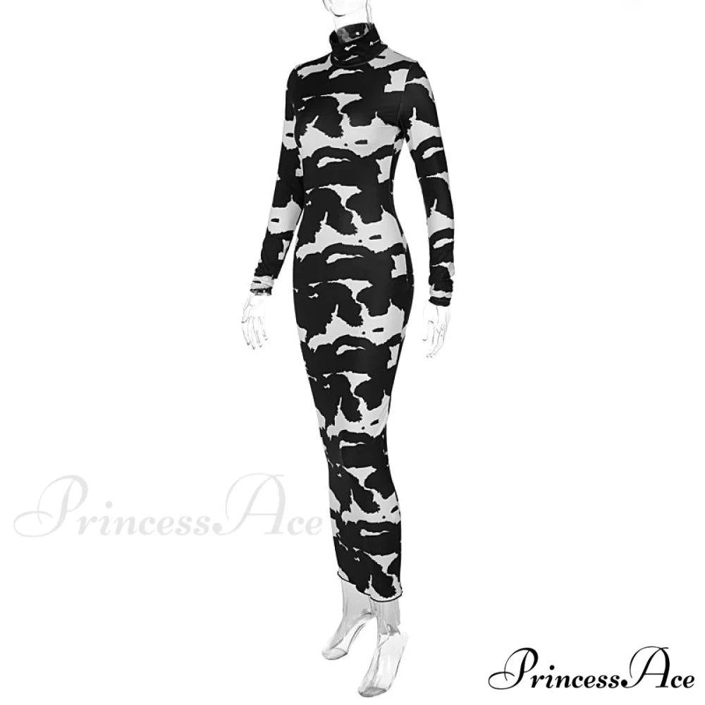Long Sleeve Printed Bodycon Pencil Long Dress