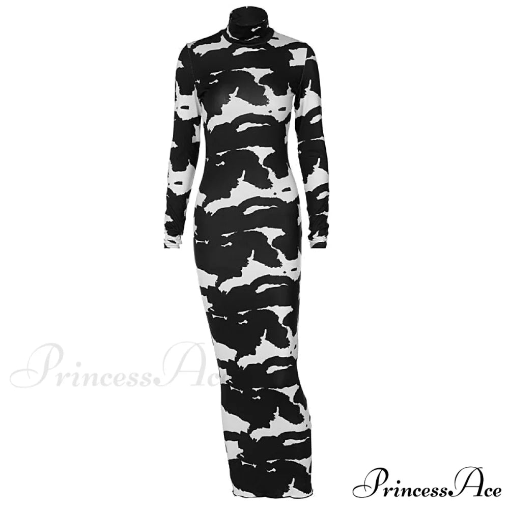 Long Sleeve Printed Bodycon Pencil Long Dress