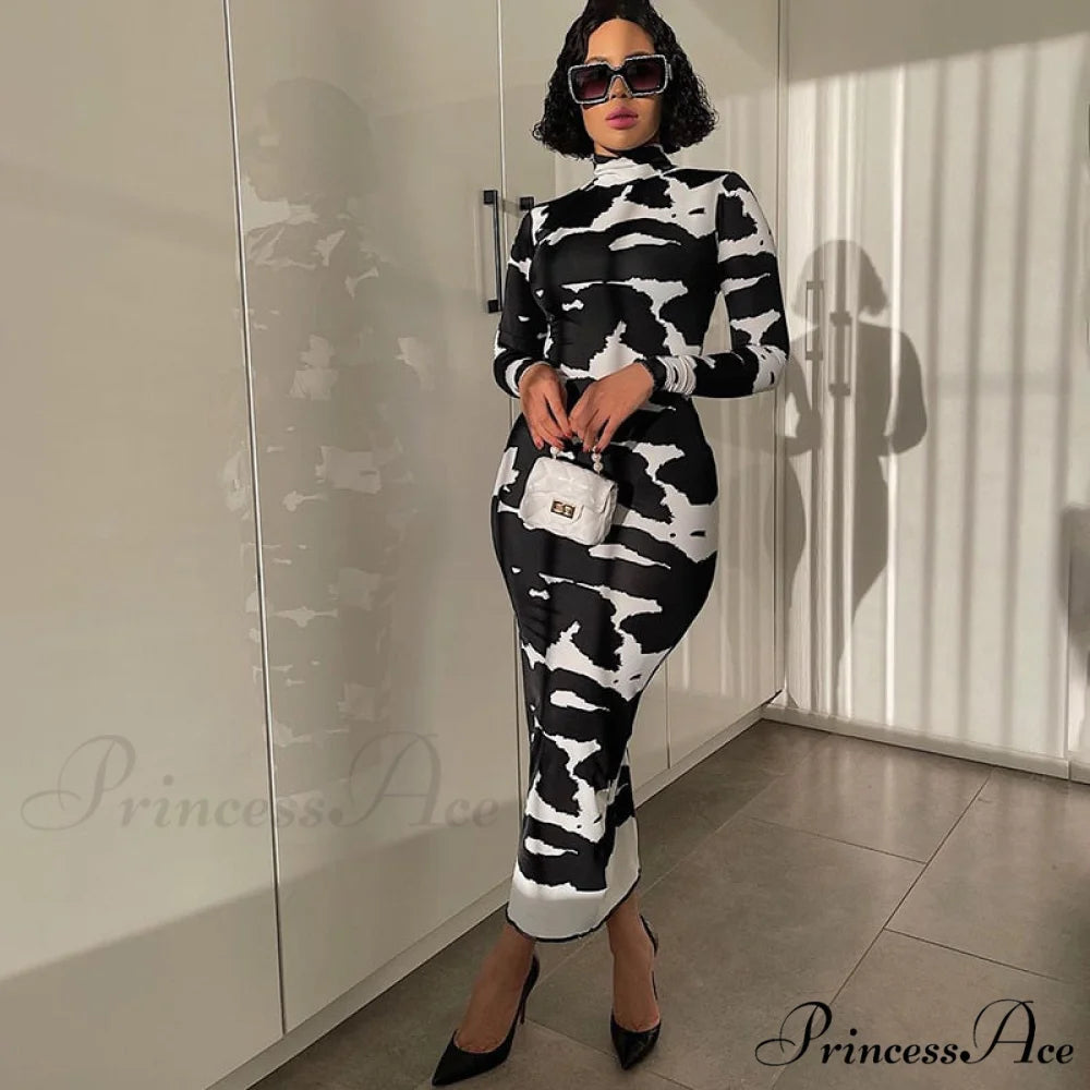 Long Sleeve Printed Bodycon Pencil Long Dress