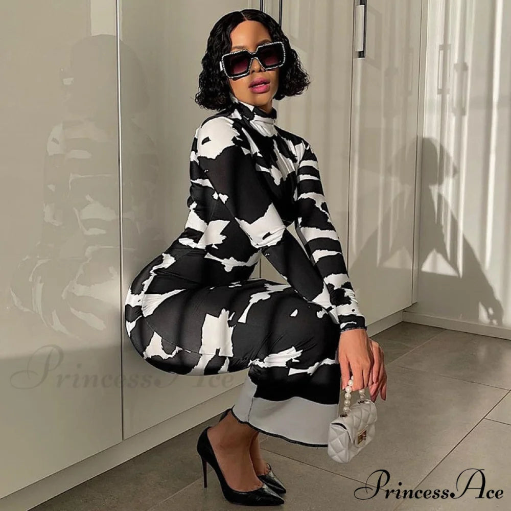 Long Sleeve Printed Bodycon Pencil Long Dress Black / M