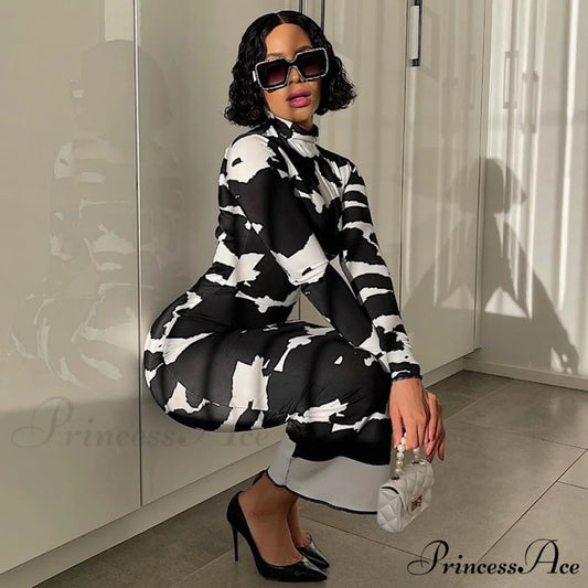 Long Sleeve Printed Bodycon Pencil Long Dress Black / M