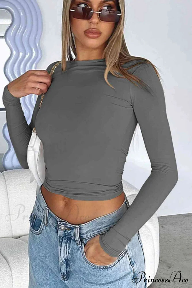Long-Sleeve Round with Top Bodycon Neck Dark Gray / S