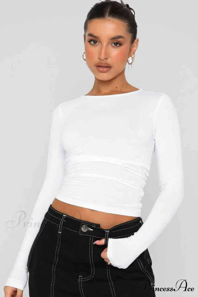 Long-Sleeve Round with Top Bodycon Neck White / S
