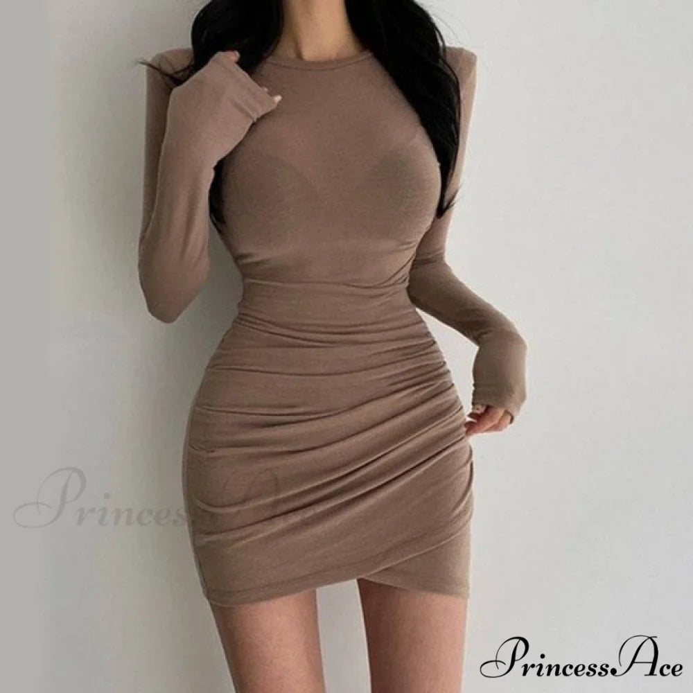 Long Sleeve Ruched Sexy Bodycon Mini Dress Auburn / One Size