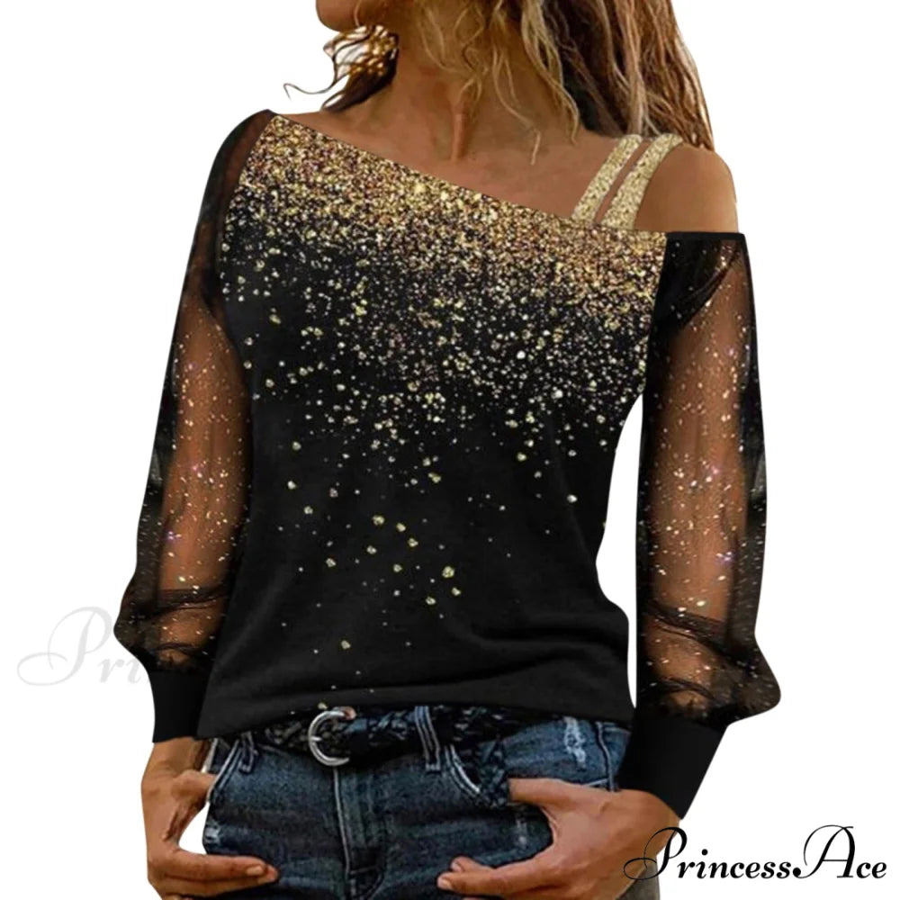 Long Sleeve Sequin Cold Shoulder Bling Mesh Sheer Blouse