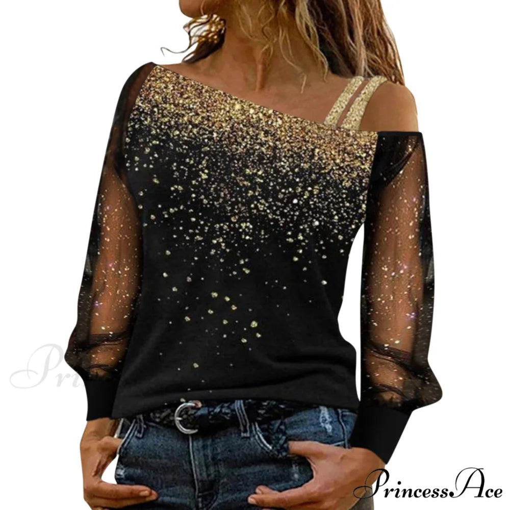 Long Sleeve Sequin Cold Shoulder Bling Mesh Sheer Blouse B / S