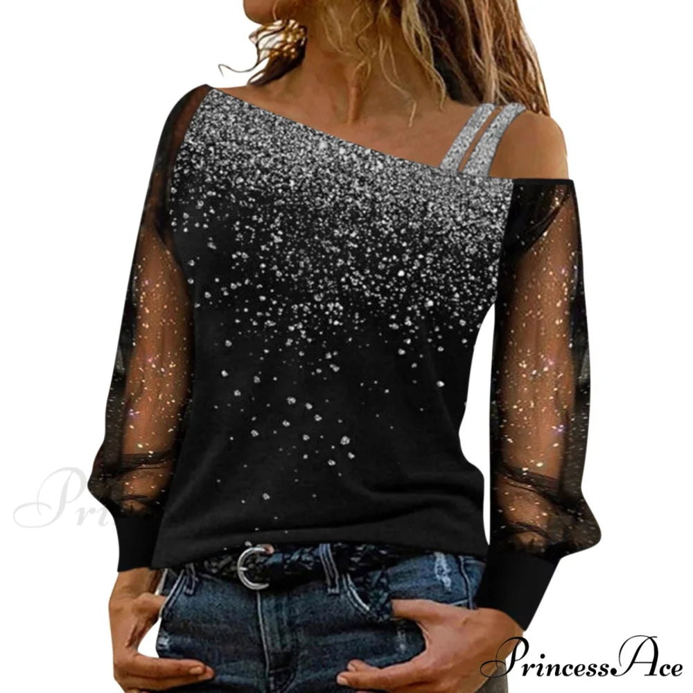 Long Sleeve Sequin Cold Shoulder Bling Mesh Sheer Blouse C / S