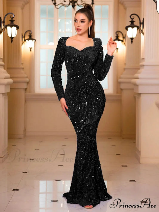 Long Sleeve Sequined Velvet Party Dress Black / S