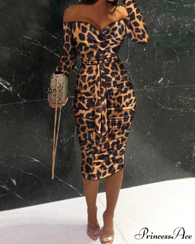 Long Sleeve Sexy Corset Midi Bodycon Dress leopard / S