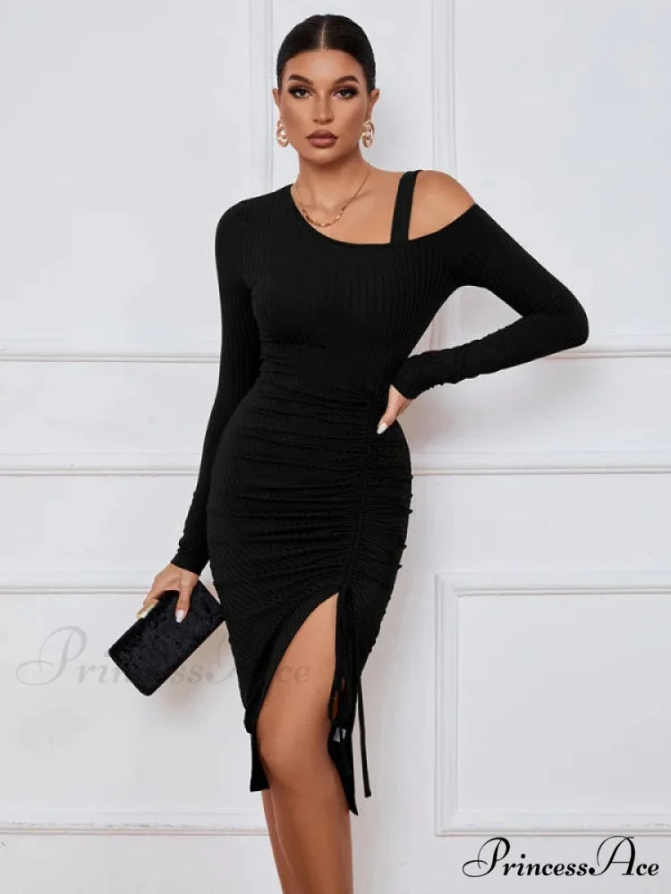 LONG SLEEVE SEXY DRESS M / caramel