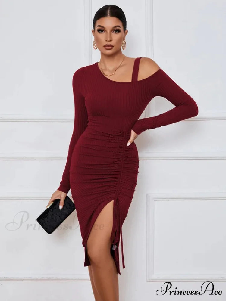 LONG SLEEVE SEXY DRESS S / burgundy