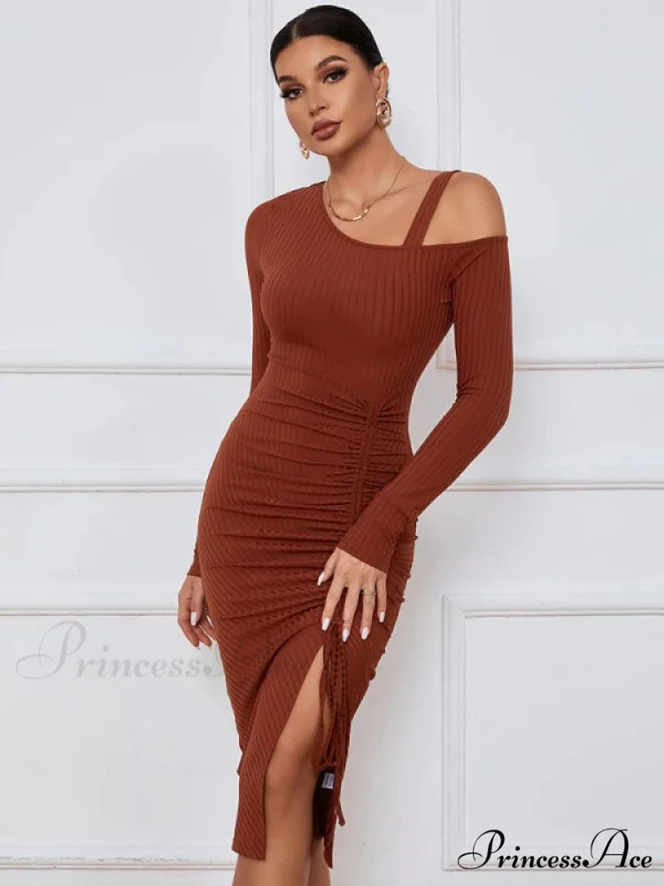 LONG SLEEVE SEXY DRESS S / caramel