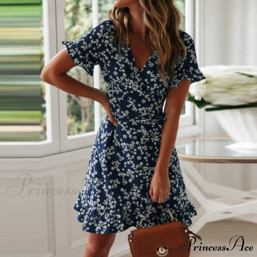 Long Sleeve Sexy Flower Printed Mini Dresses Blue / L