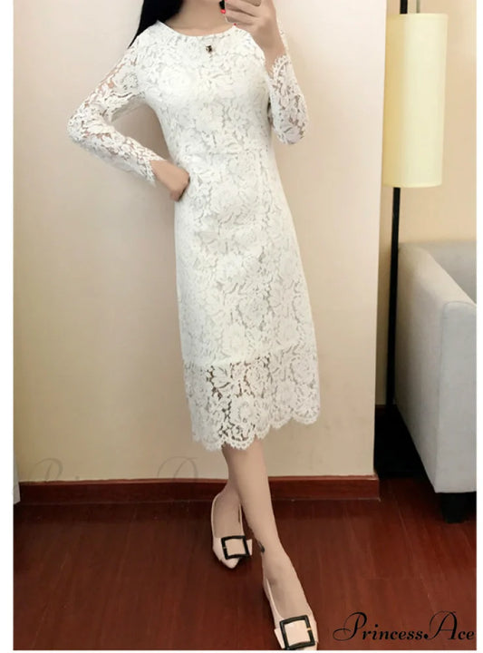 Long Sleeve Sheath Bodycon Lace Dress with O Neck S / Black