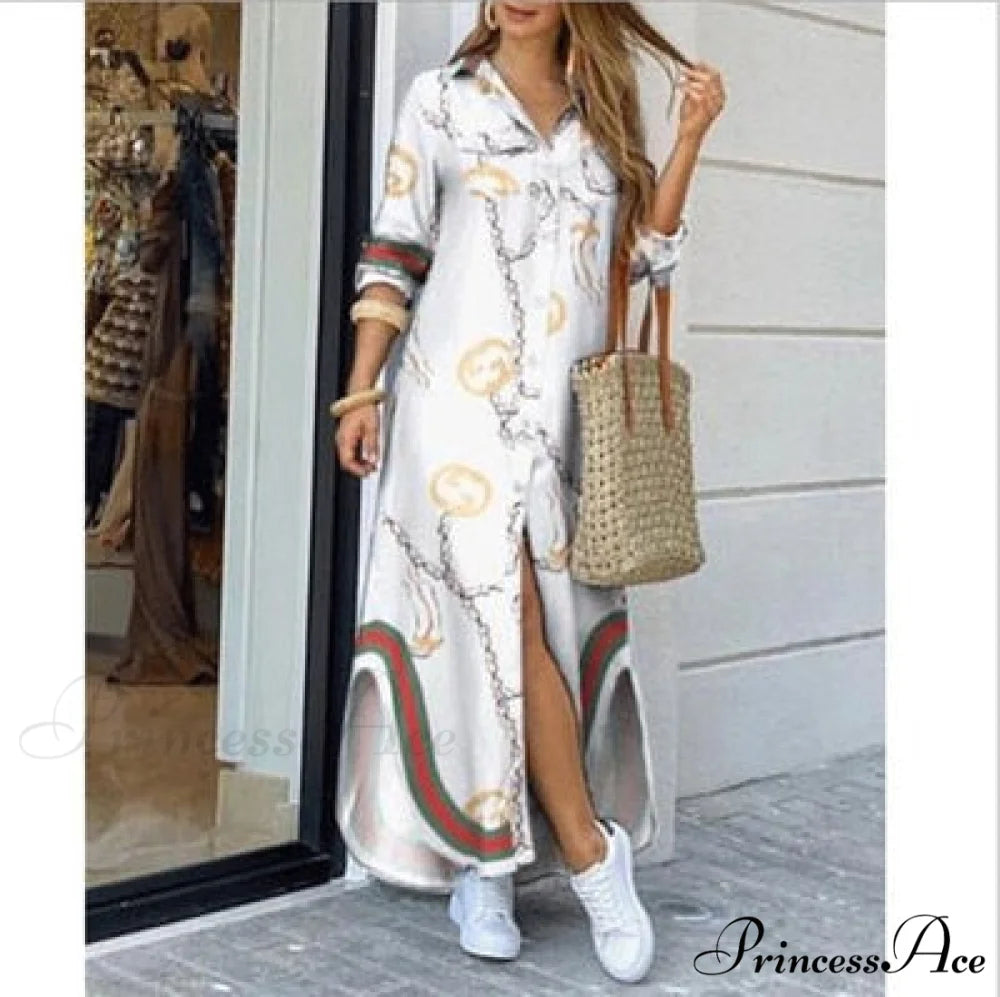 Long Sleeve Shirt Denim Long Dress Beige / S