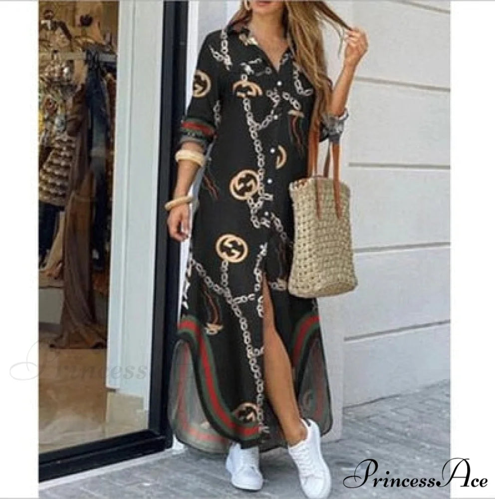 Long Sleeve Shirt Denim Long Dress Black chain 4 / S