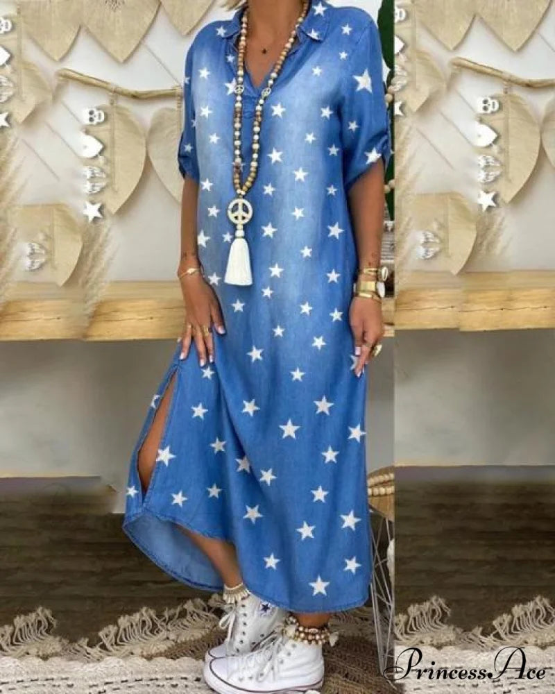 Long Sleeve Shirt Denim Long Dress Blue 1 / S