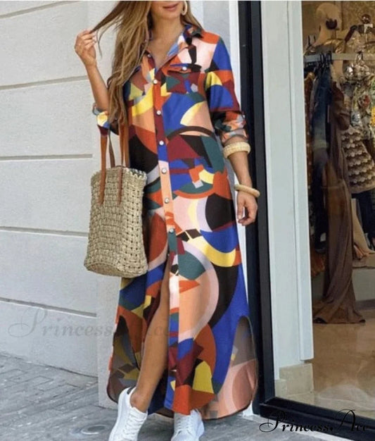 Long Sleeve Shirt Denim Long Dress Mixed Color / S