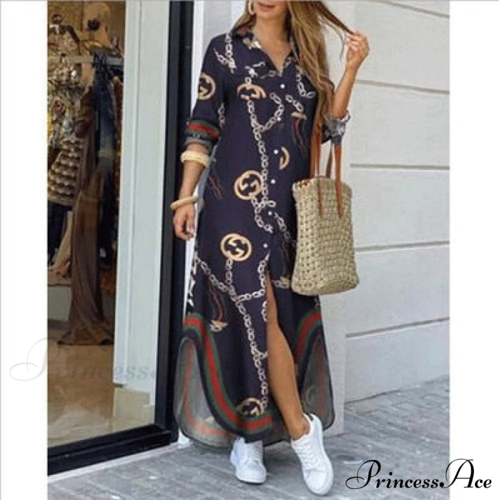 Long Sleeve Shirt Denim Long Dress Navy Blue / S