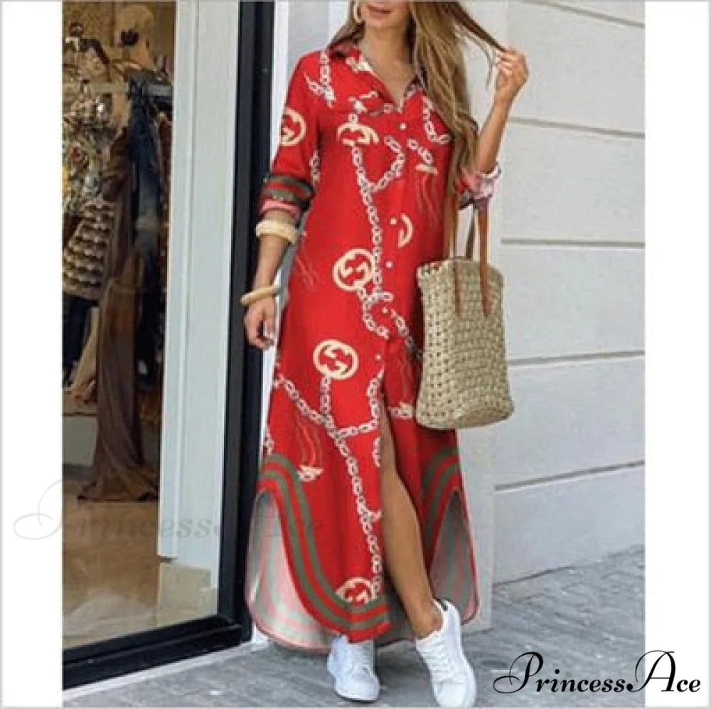 Long Sleeve Shirt Denim Long Dress Red 1 / S