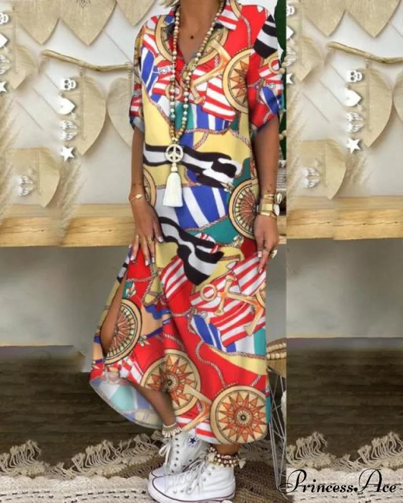 Long Sleeve Shirt Denim Long Dress Red 2 / S