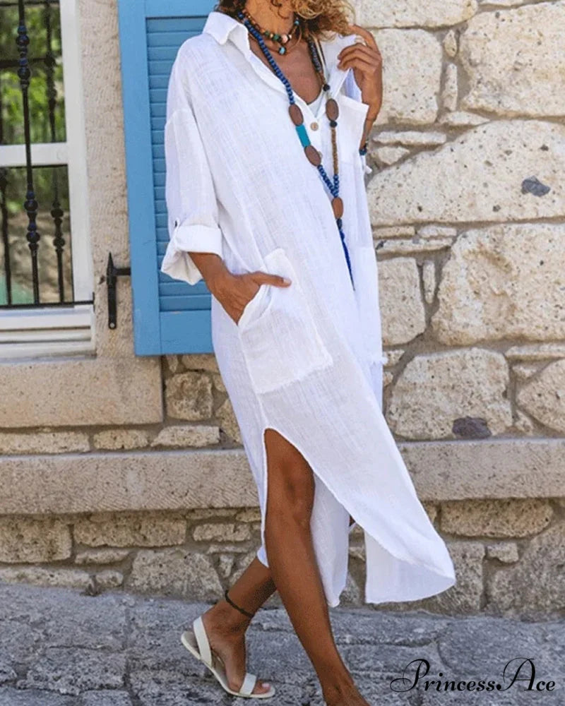 Long Sleeve Shirt Dress - Solid Color