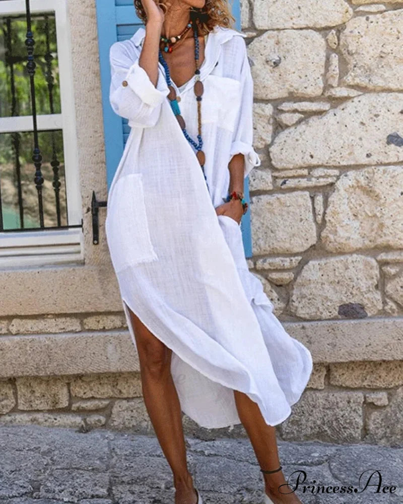 Long Sleeve Shirt Dress - Solid Color White / S