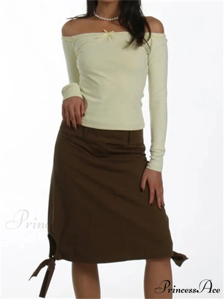 Long Sleeve Slash Neck Bow Patchwork T-Shirts