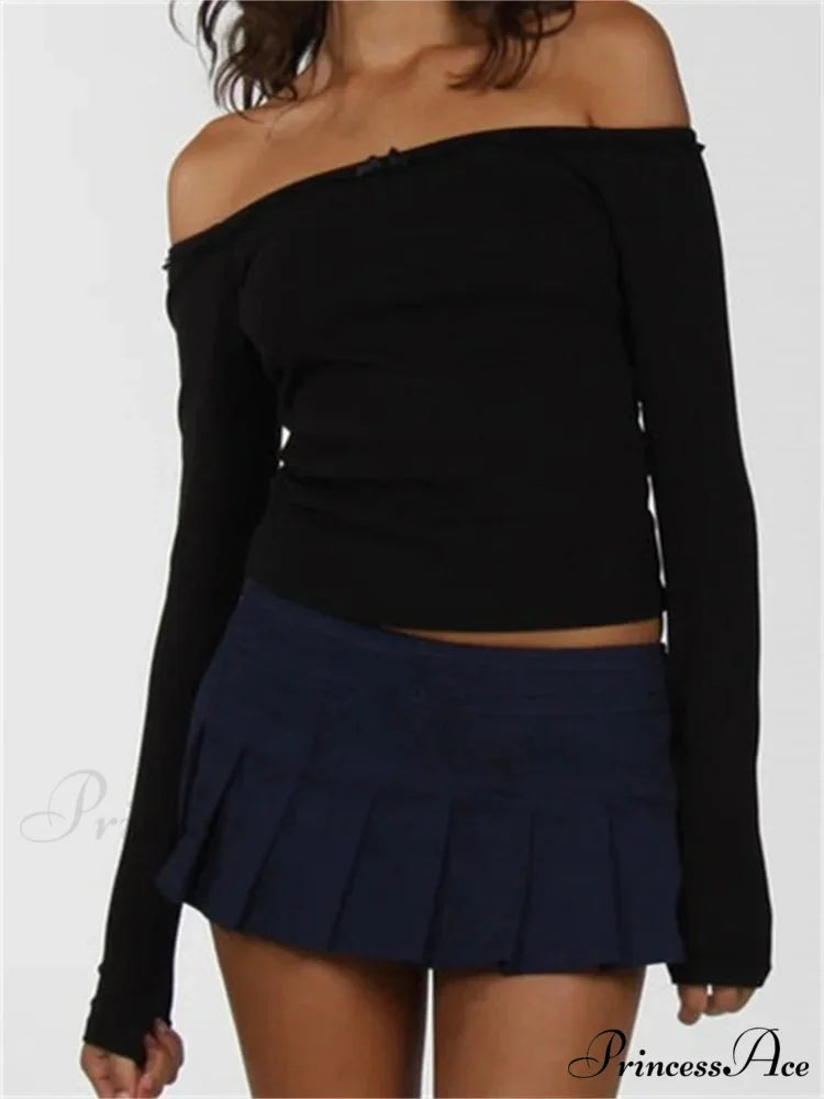 Long Sleeve Slash Neck Bow Patchwork T-Shirts BLACK / S