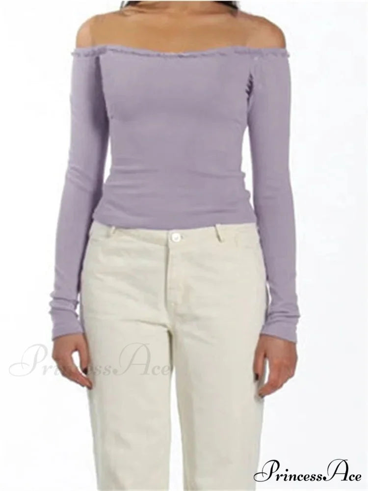 Long Sleeve Slash Neck Bow Patchwork T-Shirts PURPLE / S