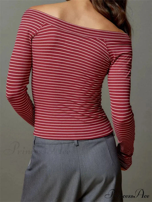 Long Sleeve Slim Colorful Striped Print Slash Neck T-Shirts