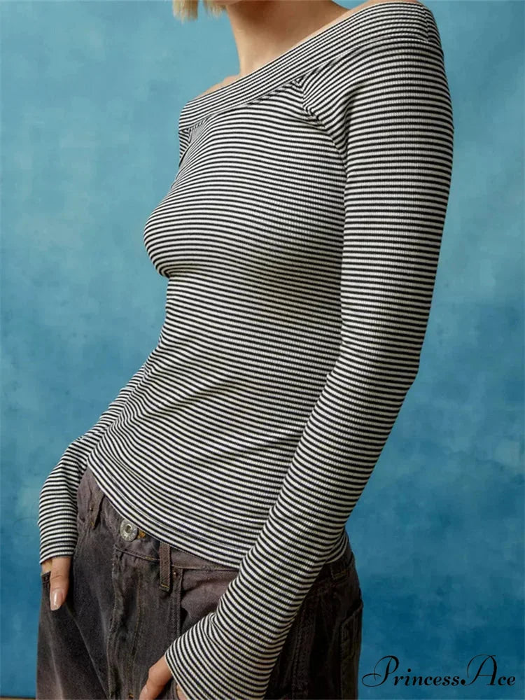 Long Sleeve Slim Colorful Striped Print Slash Neck T-Shirts GREY / S