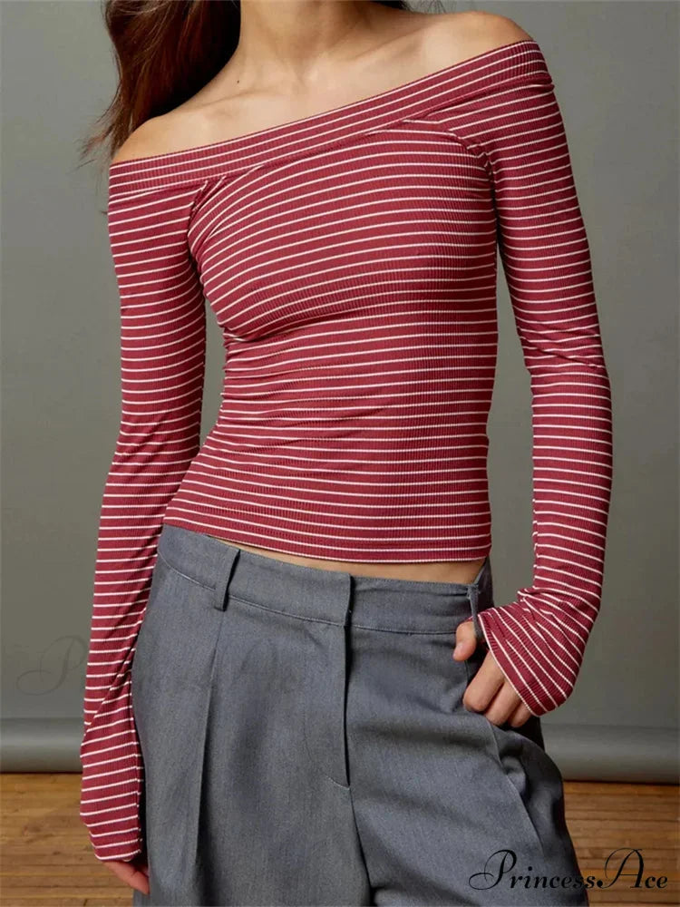 Long Sleeve Slim Colorful Striped Print Slash Neck T-Shirts PINK / S