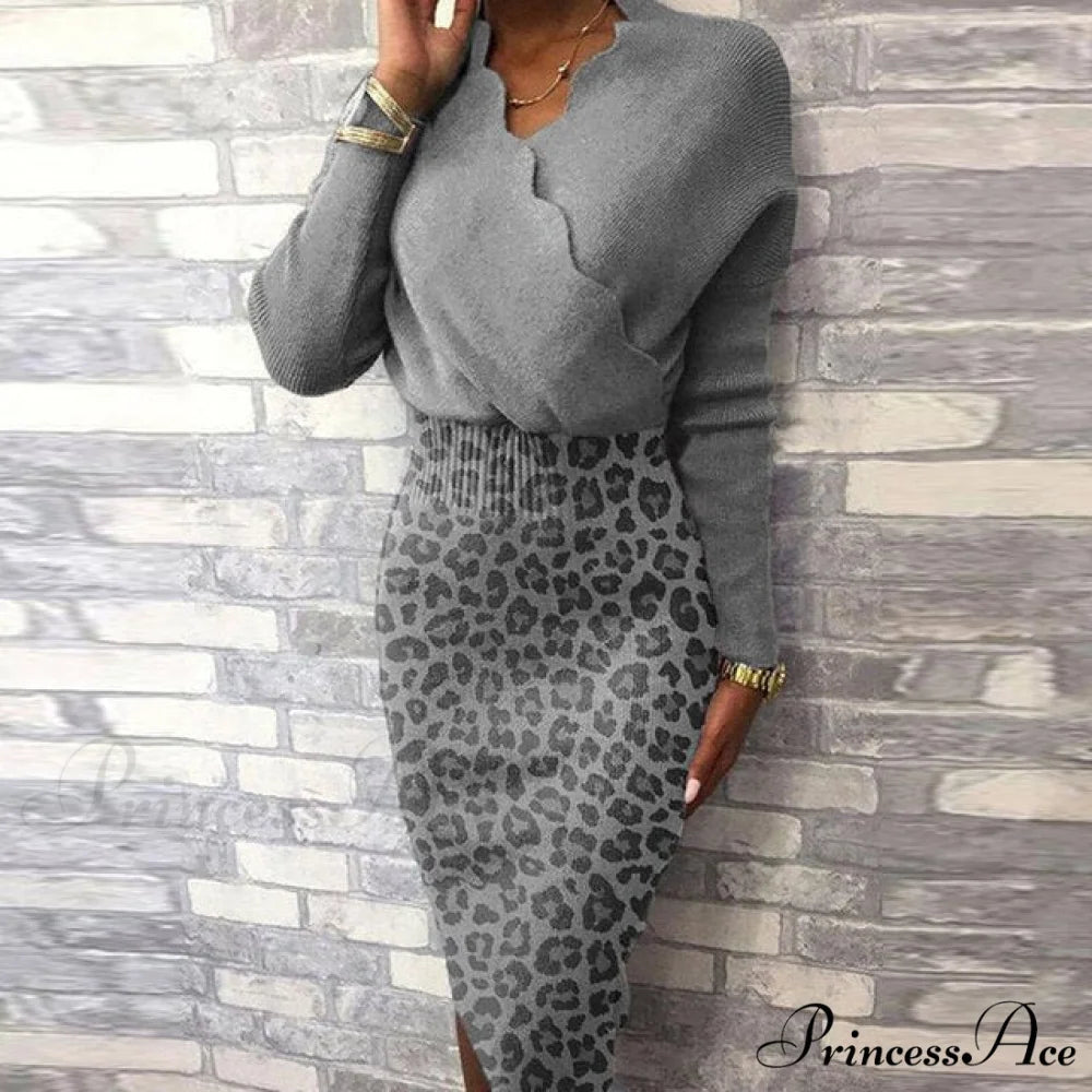 Long Sleeve Slim Fit Knee Dress gray / M