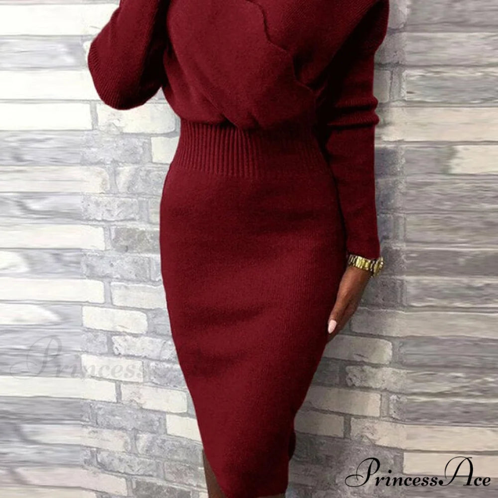 Long Sleeve Slim Fit Knee Dress red / M