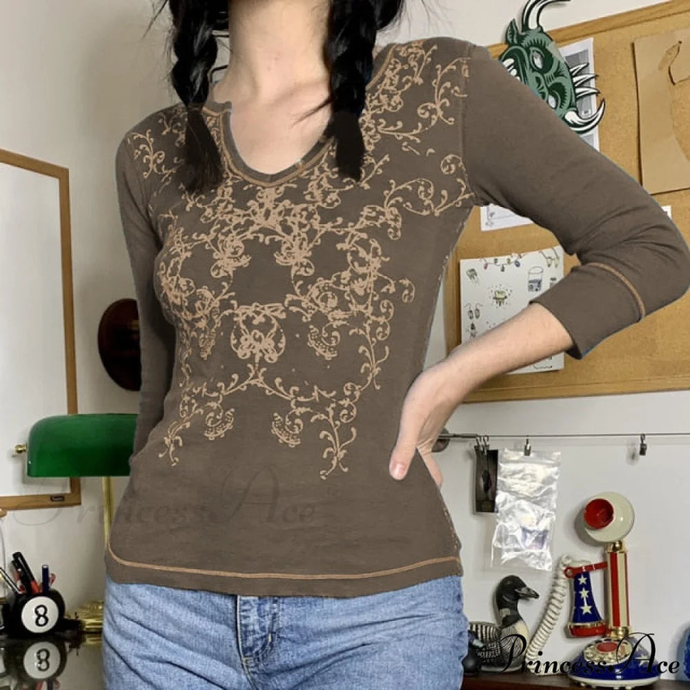 Long Sleeve Slim Fit Pullovers Tees brown 2 / S