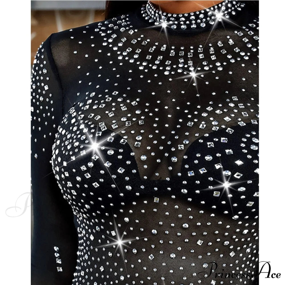 Long Sleeve Slim Fit Round Neck Diamonds Shine Blouse