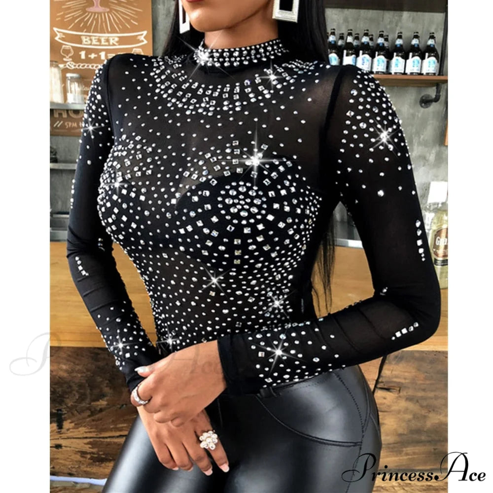Long Sleeve Slim Fit Round Neck Diamonds Shine Blouse Black / S